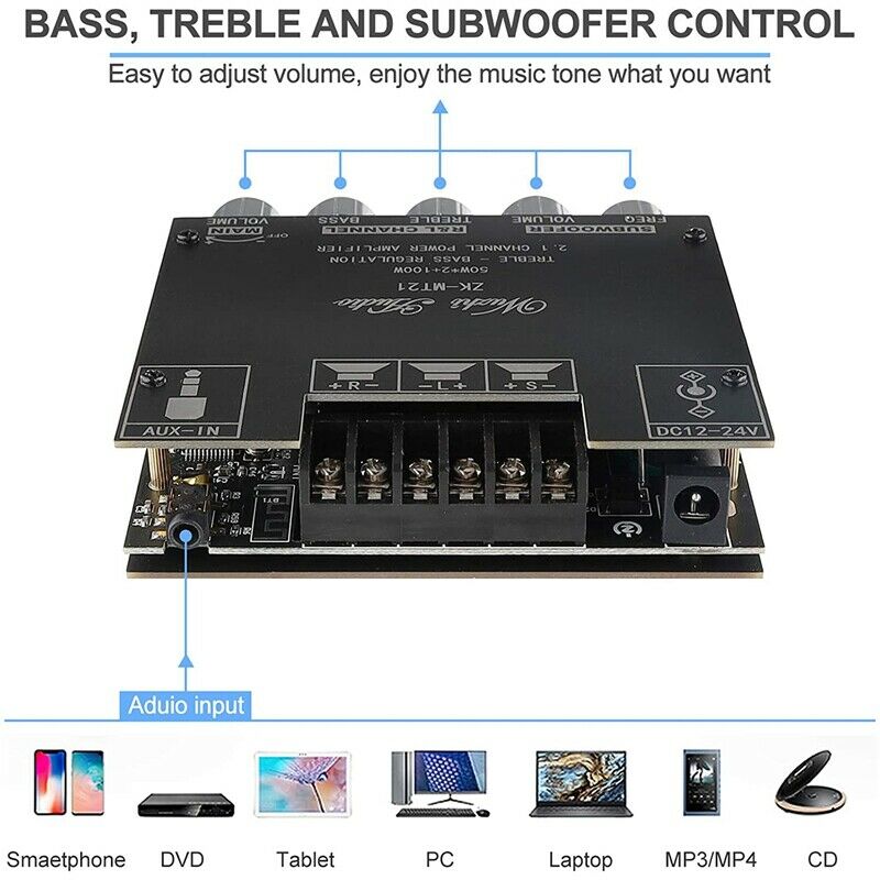 ZK-MT21 2.1 Channel Bluetooth 5.0 Subwoofer Amplifier Board 50WX2+100W PowerN8P2