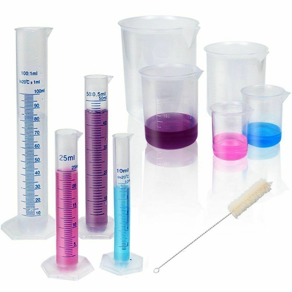 Lab Plasticware Set,4 Clear Plastic Graduated Cylinders+5 Beakers +1 Brush