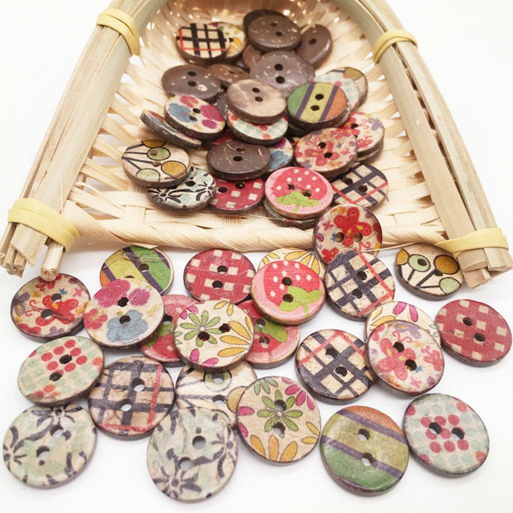 50 x Mixed Random Round Painted Coconut Shell Buttons Sewing Scrapbooking
