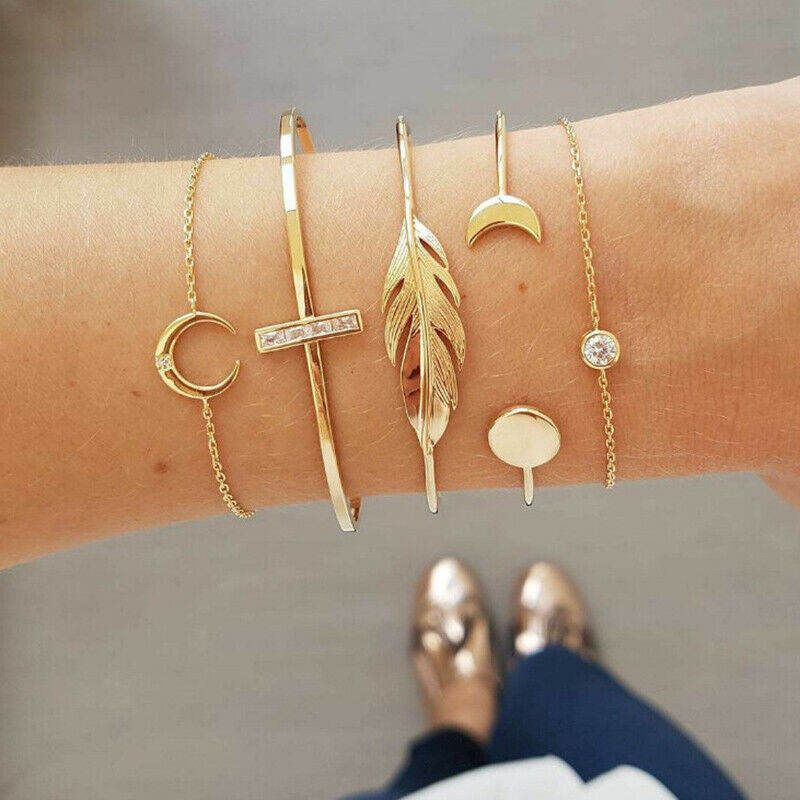 Rhinestone Sun Moon Bracelet Women Tassels Leaves Circular Chains Bangle .l8