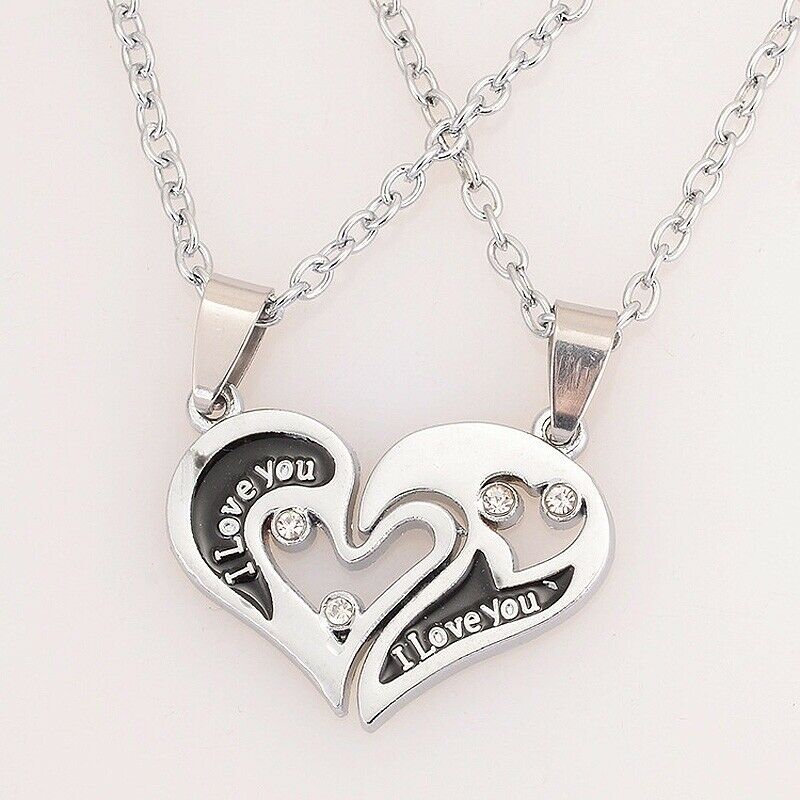 Couple Pendant Necklace Rhinestone I Love You Heart Puzzle Matching Pendant