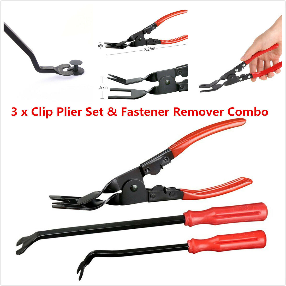3pc Car Door Trim Clips Plier Set & Fastener Remover Essential Combo Repair Tool