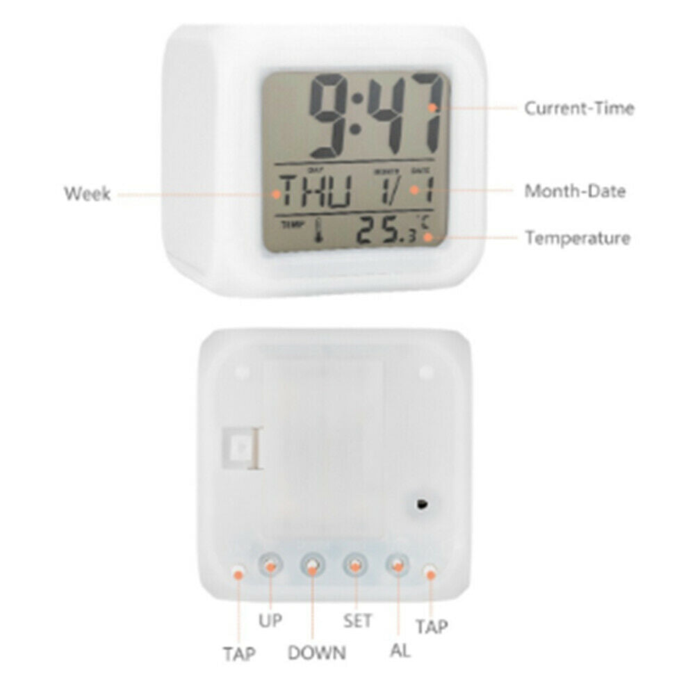 7 Color Glowing Change LED Digital Alarm Clock Thermometer Table Cube Clock Time