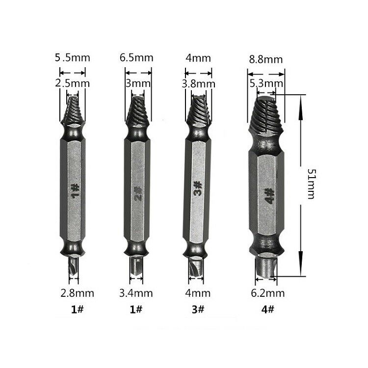 4pcs Damaged Stripped Broken Screw Extractor Drill Bits Easy Out Bolt Remover