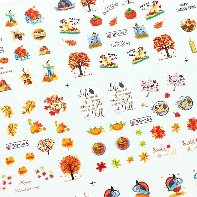 1 Sheet Fall Maple Leaf Pumpkin Nail Art Stickers Harvest Water Transfer Decals