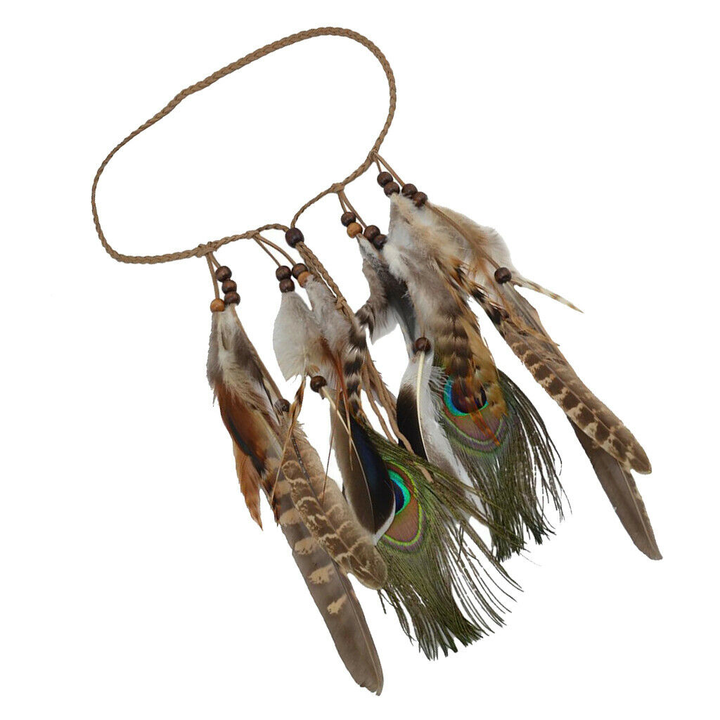 Behomian Ethnic Peacock Feather Long Tassels Headband Hair Headpiece Brown