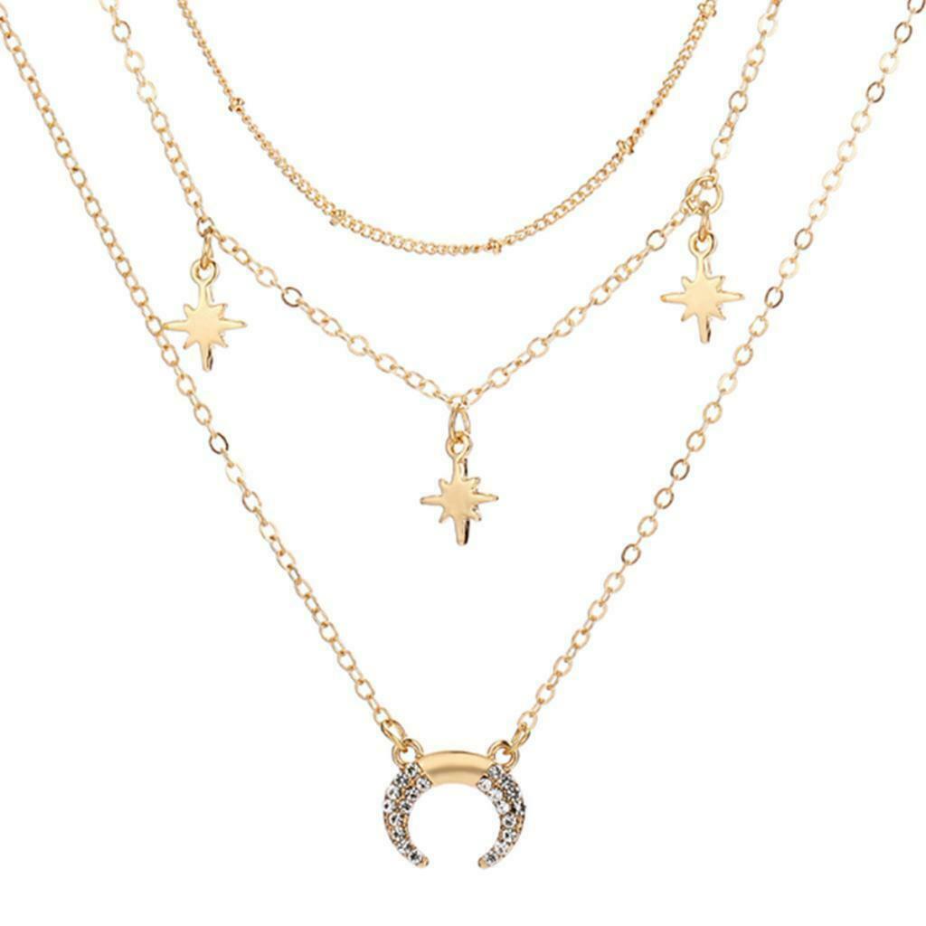 Star Moon Crescent Drop Charm Pendant Necklace Long Chain Boho Jewelry