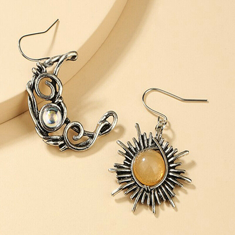 Retro Sun Moon Earrings Moonstone Asymmetric Earrings Woman Jewelry Gift