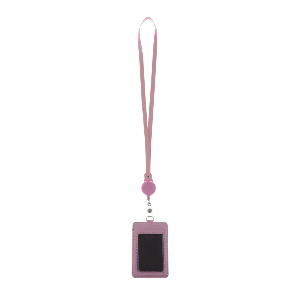 2-Sided Vertical Pu Leather Badge Card Holder Neck Strap Lanyard Pink
