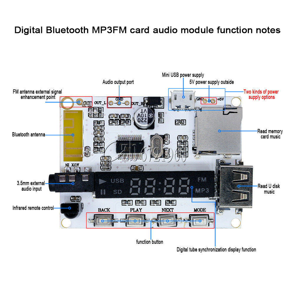 Wireless Bluetooth MP3 FM Decoder Board Audio Remote Module USB TF Radio For Car