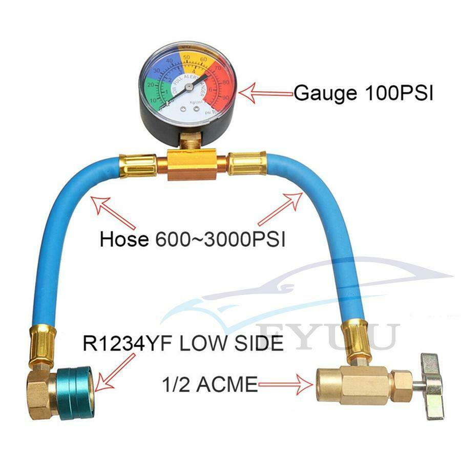 R-1234yf A/C Service Charging Hose W/ 100PSI Gauge Coupler Refrigerant Can Tap