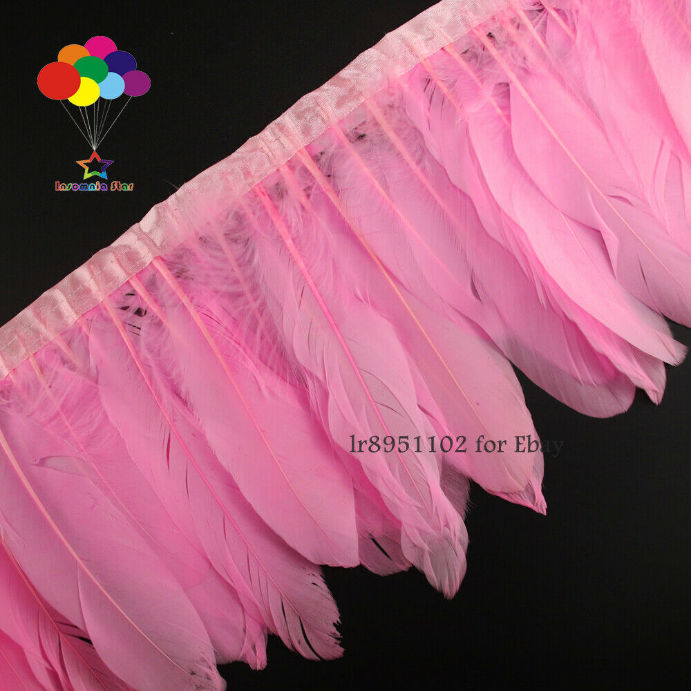 Fringe bleached Pink Goose Feather Trims with Satin Ribbon Tape for skirt 2Meter