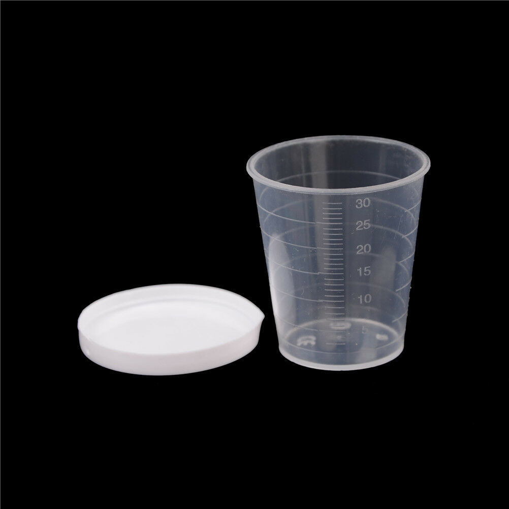 10x 30ml Plastic Lab Test Liquid Measuring Container Cups with Cap BDAU