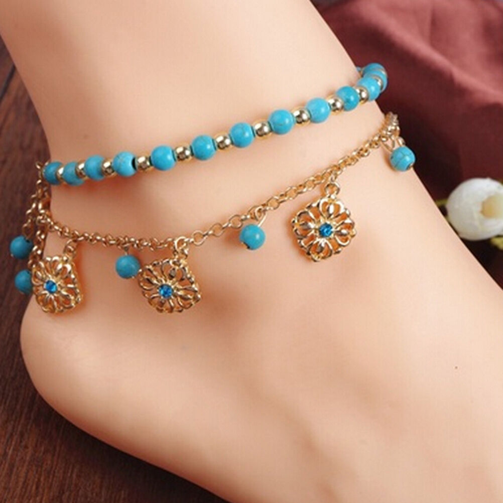 Punk Boho Turquoise Beads Anklets Tassels Bracelet Womens Foot Chain Ankl F TH