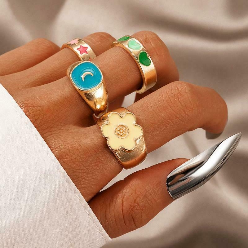 4 PCS Colorful Heart Ring Star Moon Alloy Rings Set for Women Girl Couple