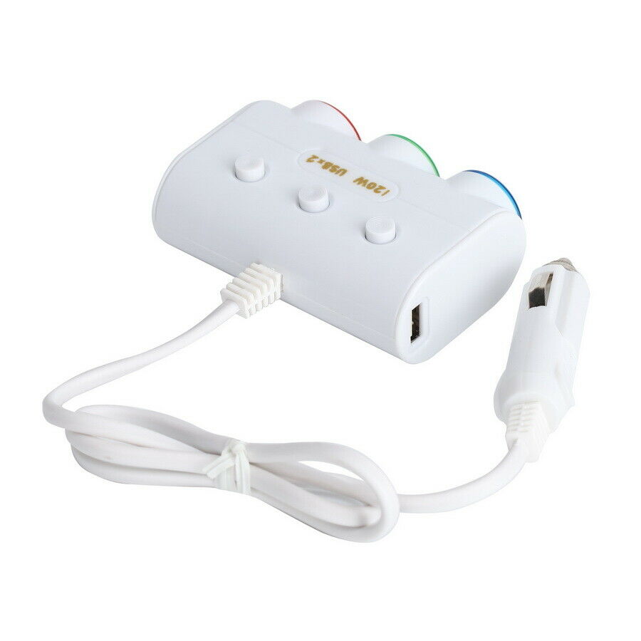 1 x 3 Way 120W White Car USB Cigarette Lighter Socket Splitter Charger Adapter
