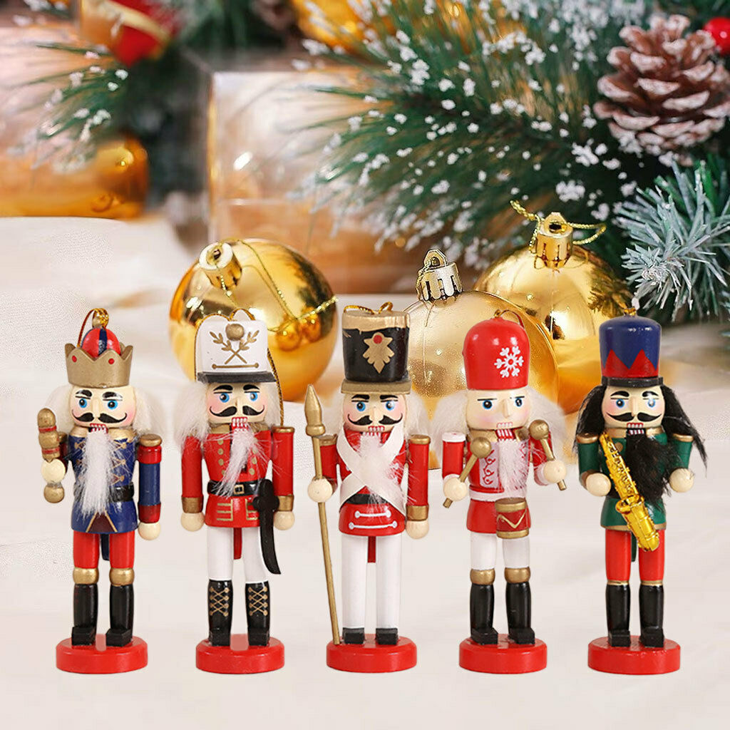 5Pcs 5inch Mini Wooden Nutcracker Soldier Ornaments Set Handmade Xmas Decor