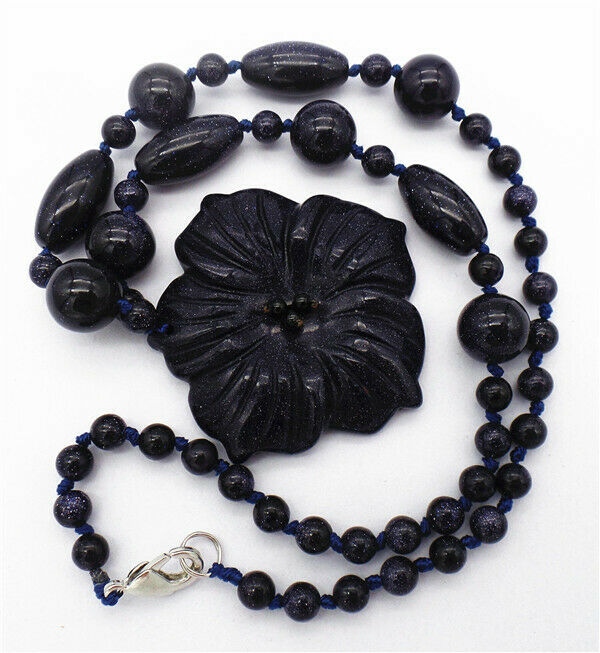 1 Strand 50x8mm Blue Sand Stone Carved Flower Pendant Beaded Necklace HH7332