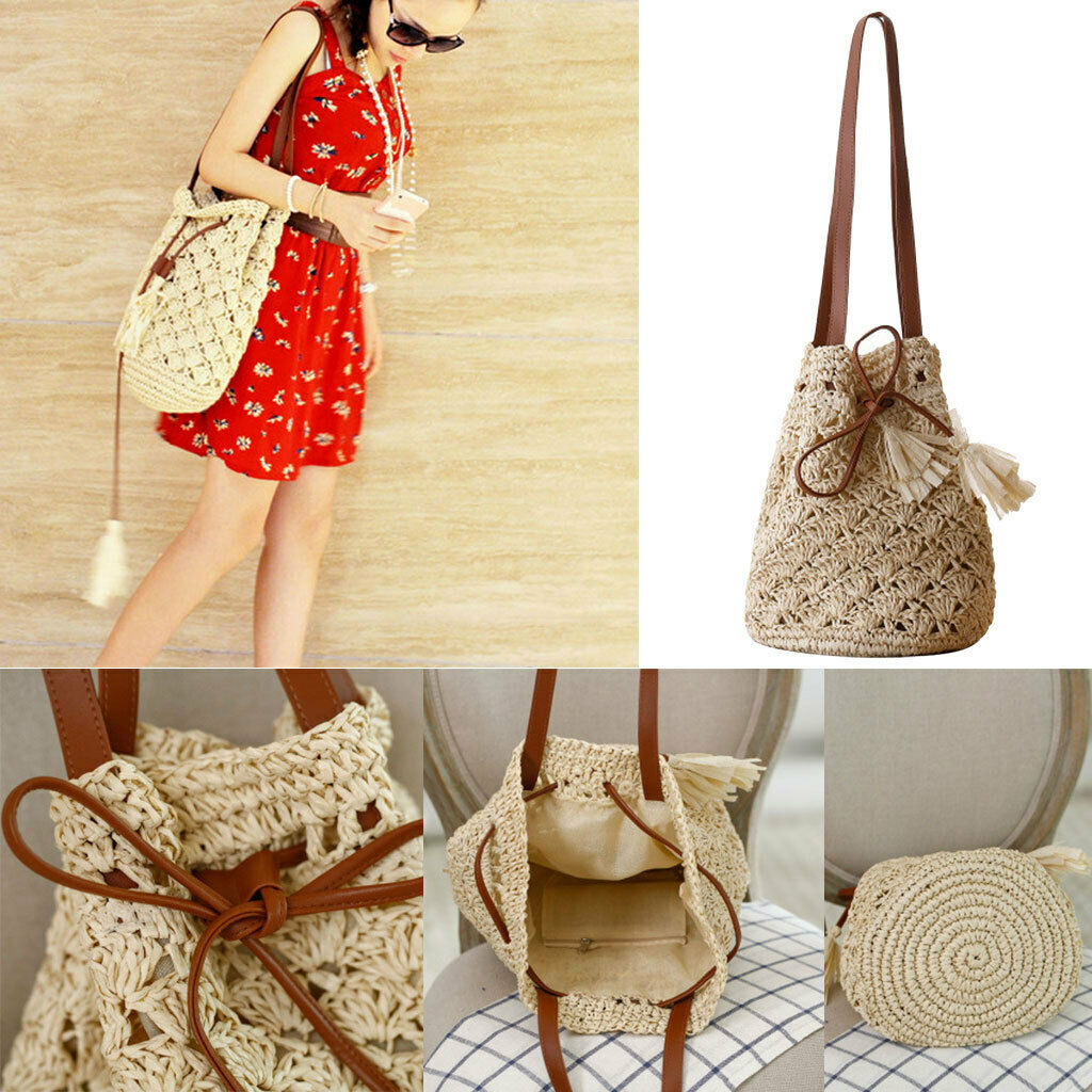 Ladies Handbag Drawstring Tote Straw Woven Purse Beach Shoulder Bag Beige