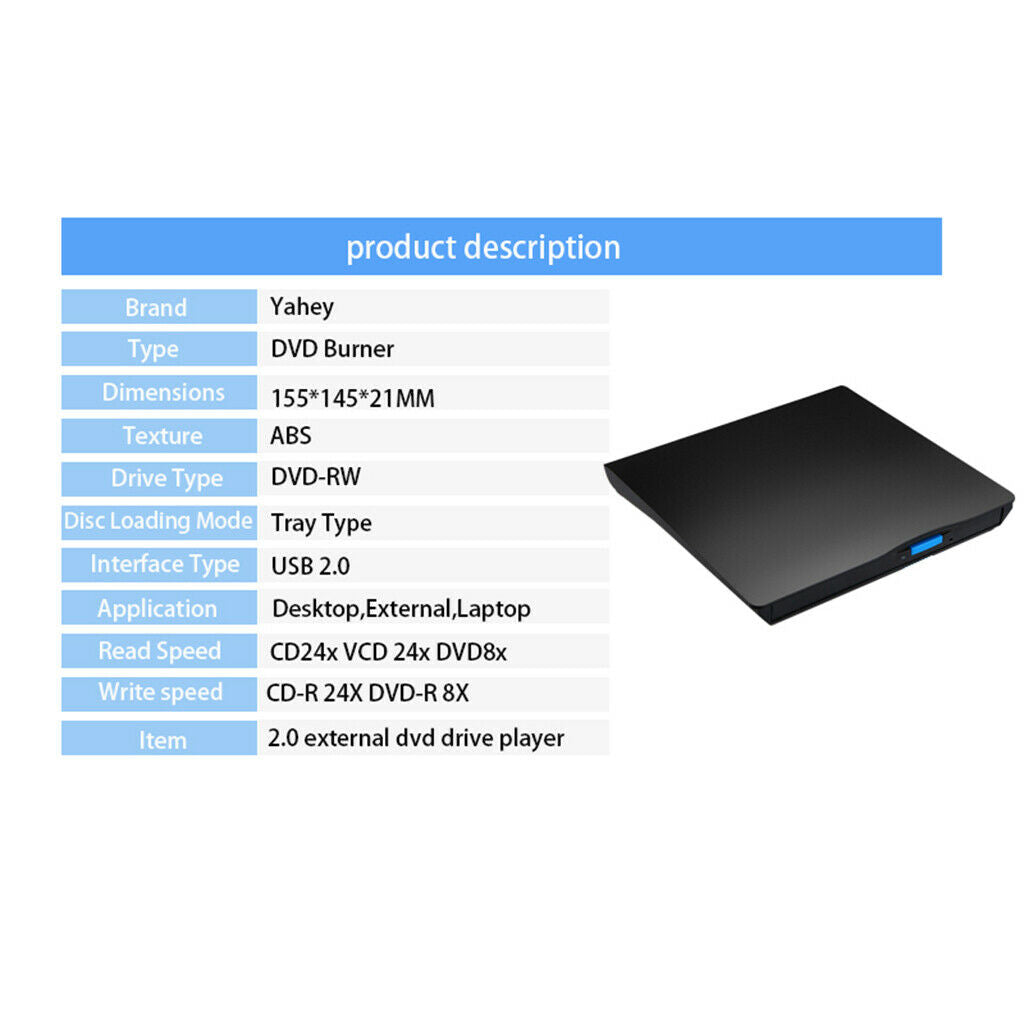External USB 2.0 DVD-RW Burner Writer CD Player For Laptop Desktop PC Black
