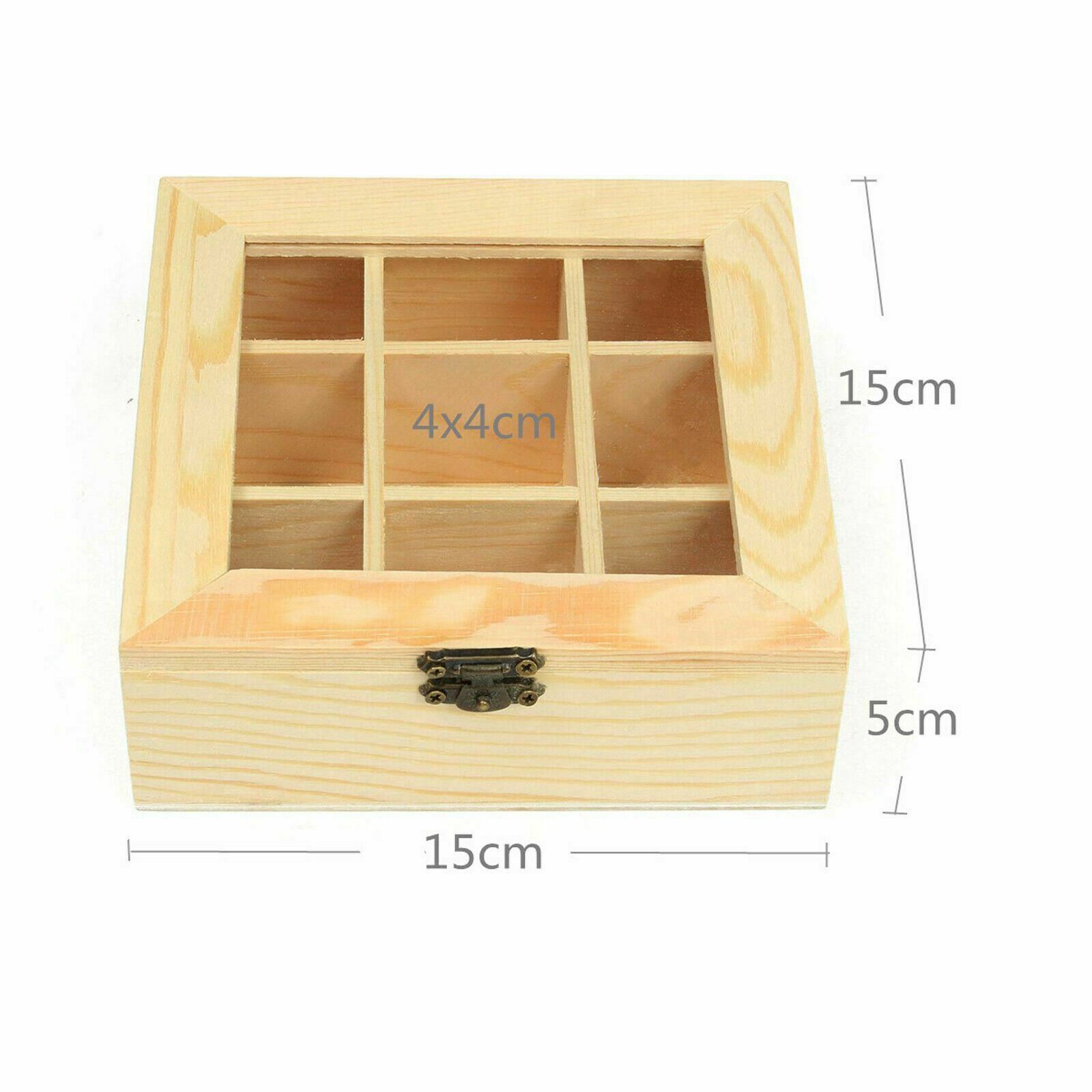 9 Compartments Wooden Tea Bag Tool Chest Storage Box Container Holder Glass Lid