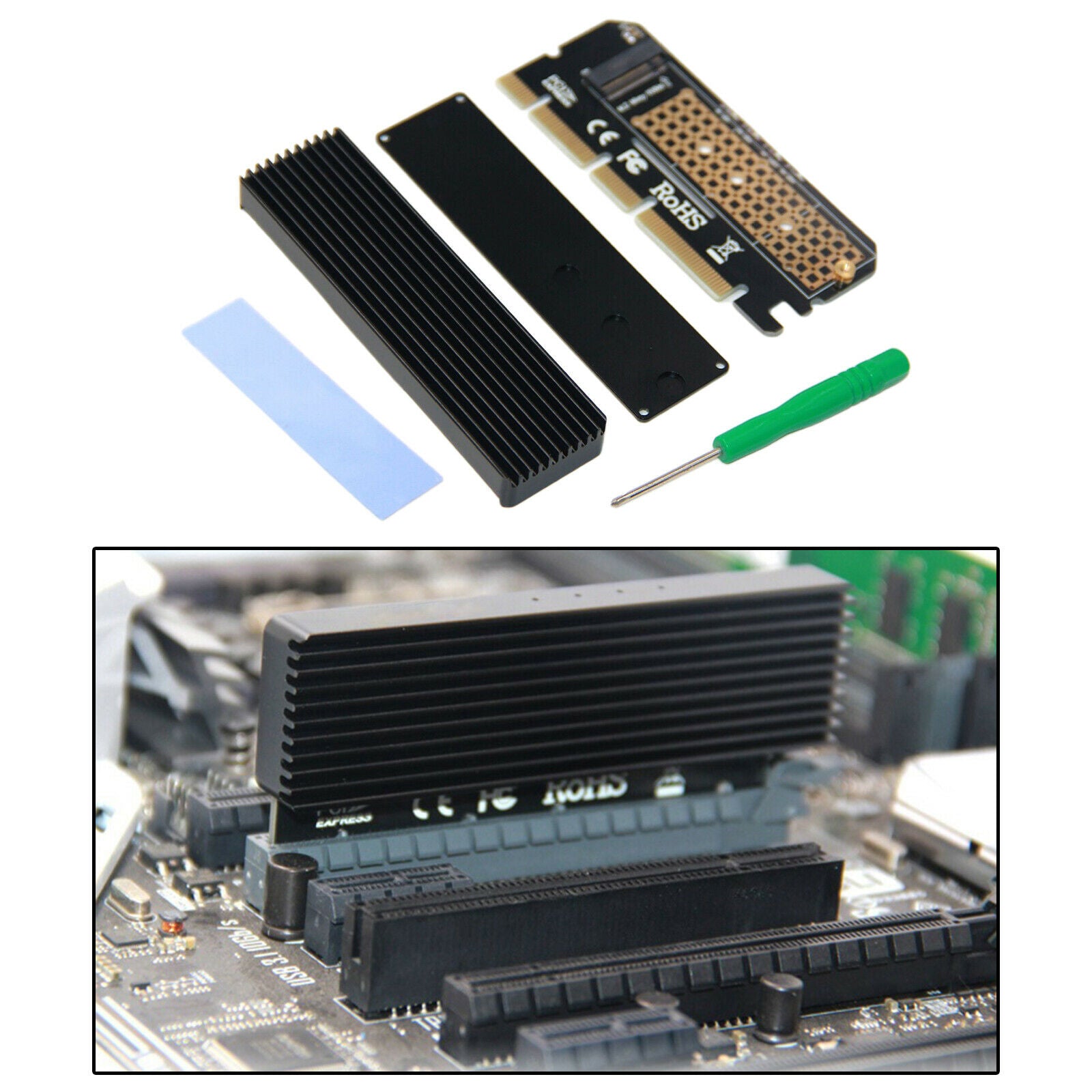 M.2 NVMe Adapter PCI-e x4x8x16 With Aluminum Heat Sink for M.2 M Key 2280 2260