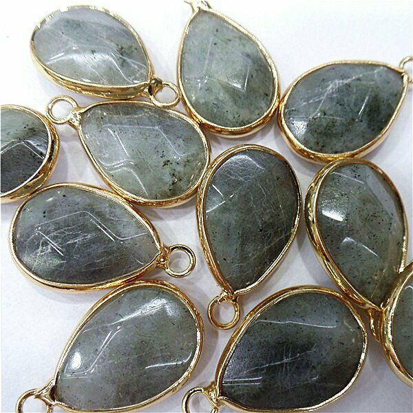 10Pcs 24x14x6mm Golden Wrapped Natural Gray Labradorite Teardrop Pendant HH8064