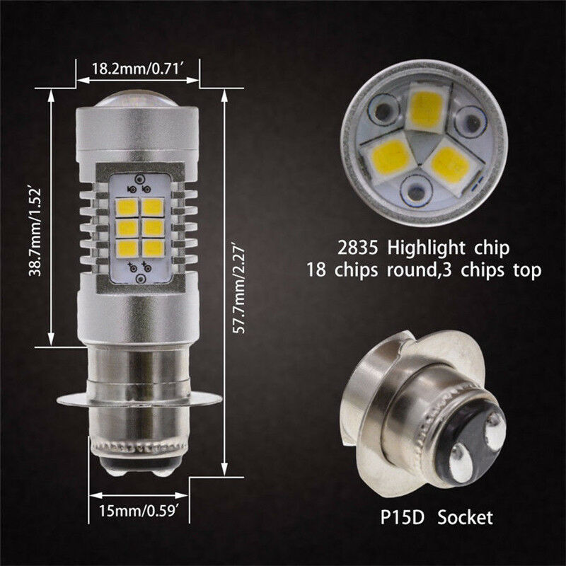 2PCS Universal 12V H6M P15D Moped Scooter LED Headlight Bulb White Fog Light
