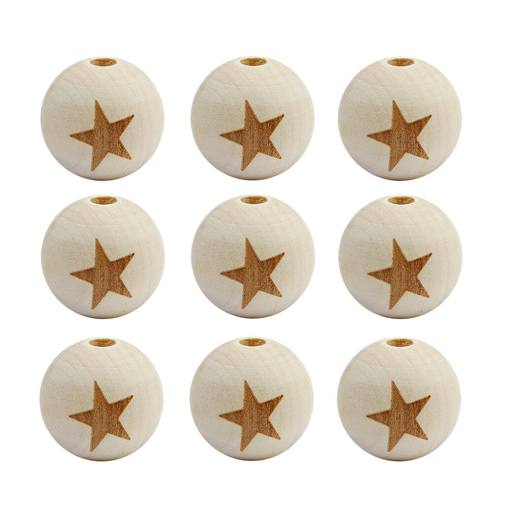 20pcs Star Printed Unfinished Wood Round Wooden Beads for DIY Crafts 20mm