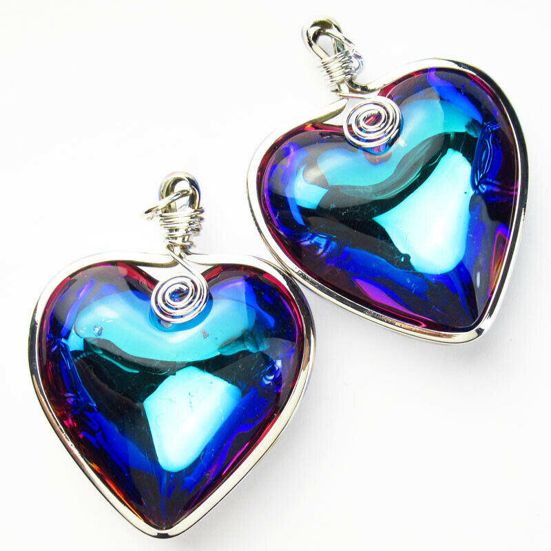 ２pcs 57x45x15mm Wrapped Blue Rainbow Titanium Crystal Heart Pendant Bead A-231SJ