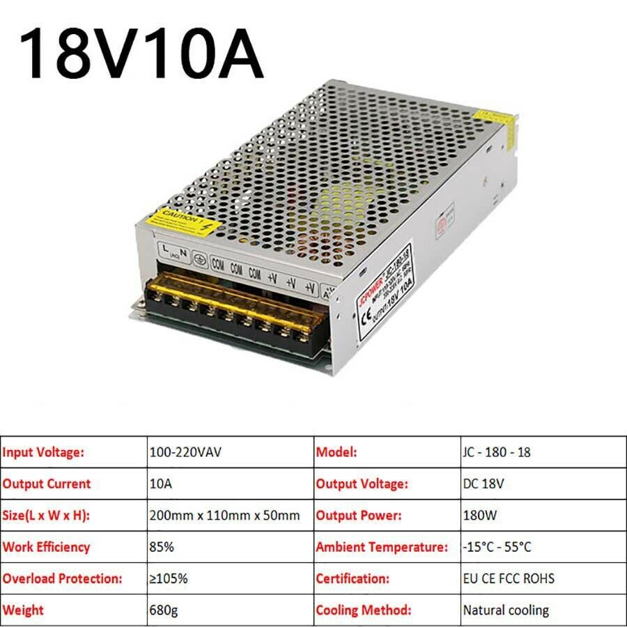 18V 10A 180W DC Regulated Switching Power Supply PSU LED Strip Intercom Doorbell