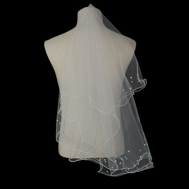 New Simple Ribbon Edge Wedding Veils With Pearls Short Bridal Veils Studi.l8