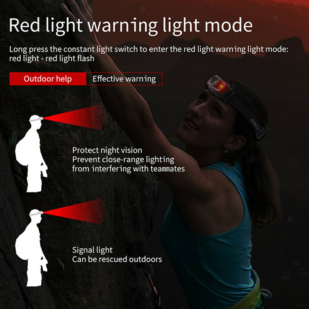 Waterproof Rechargeable Headlamp, with Red Warning Lights for Cycling, Running,