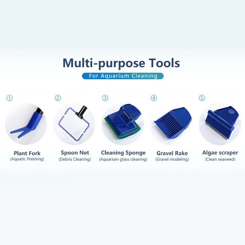 5 in 1 Aquarium Cleaning Tools Aquarium Tank Fish Net Gravel Rake Algae ScrDDAU