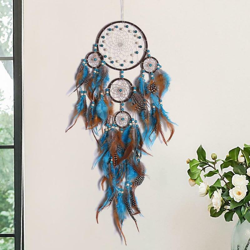 5 Rings Large Dream Catcher with Feather Boho Wall Hanging for Bedroom Decor