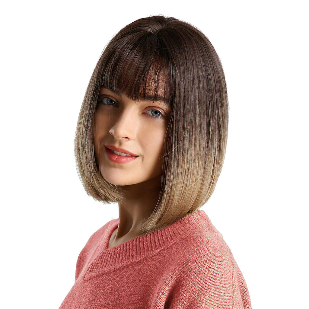 11inch Short Bob Synthetic Wig with Flat Bangs Heat Resistant Black to Brown