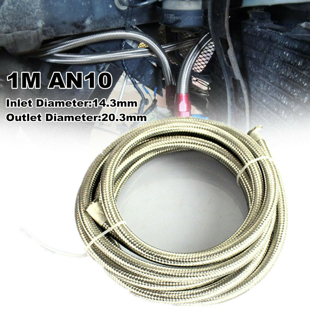 1M 10AN Car Oil Cooler Stainless Steel Braided Oil Fuel Line Hose 14.3mm Inlet