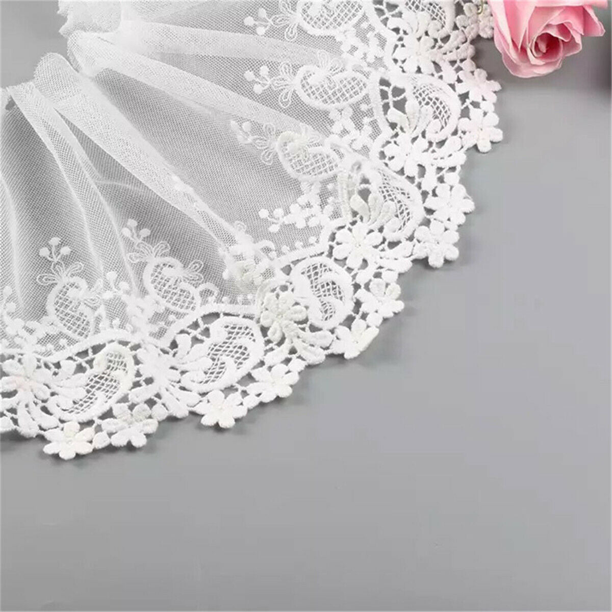 White Pleated Floral Lace Edge Trim Wedding Dress Fabric Sewing DIY Craft 1Yard