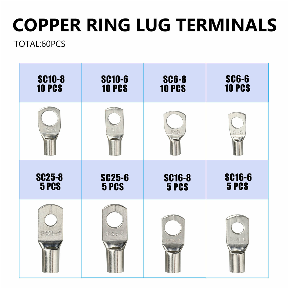 140PCS Battery Copper Cable Lugs Crimp Ring Terminals Electrical Wire Connectors