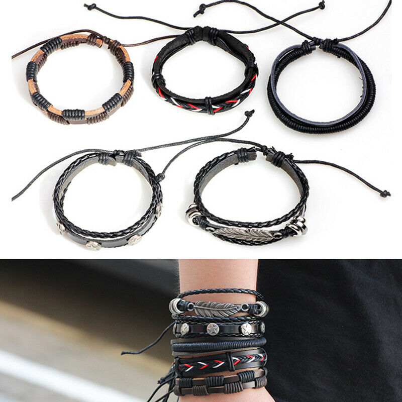 5pcs Multilayer Leather Leaf Owl Bracelet Men Women Wristband Bangle Cuff New HN