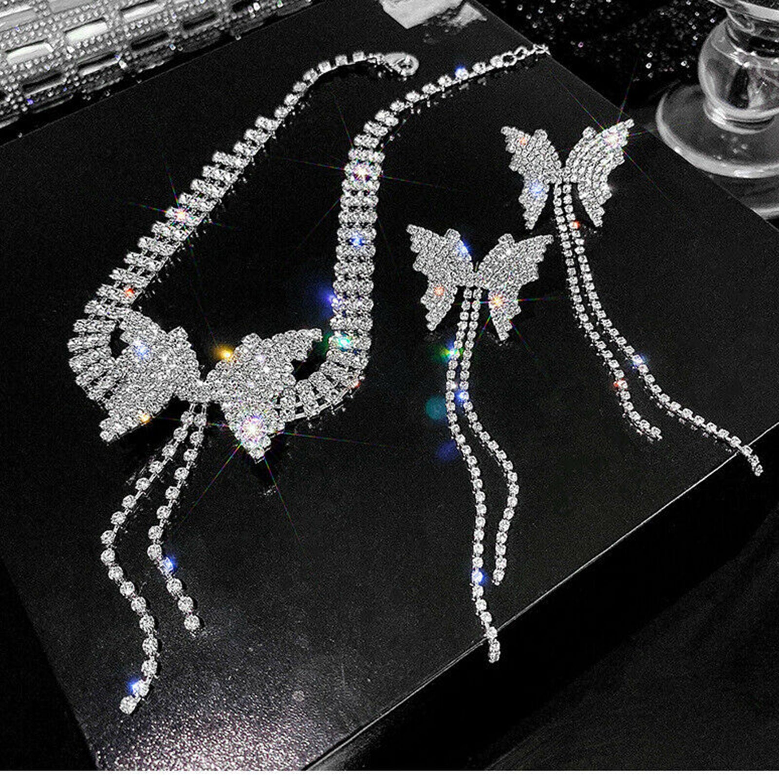 Rhinestone Butterfly Pendant Necklace Choker Earring Women Girls Jewelry Gift