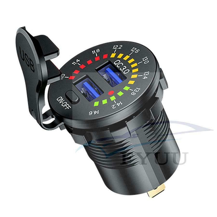 1 x QC 3.0 Car Dual USB Charger with LED Voltmeter ON OFF Switch Universal ABS
