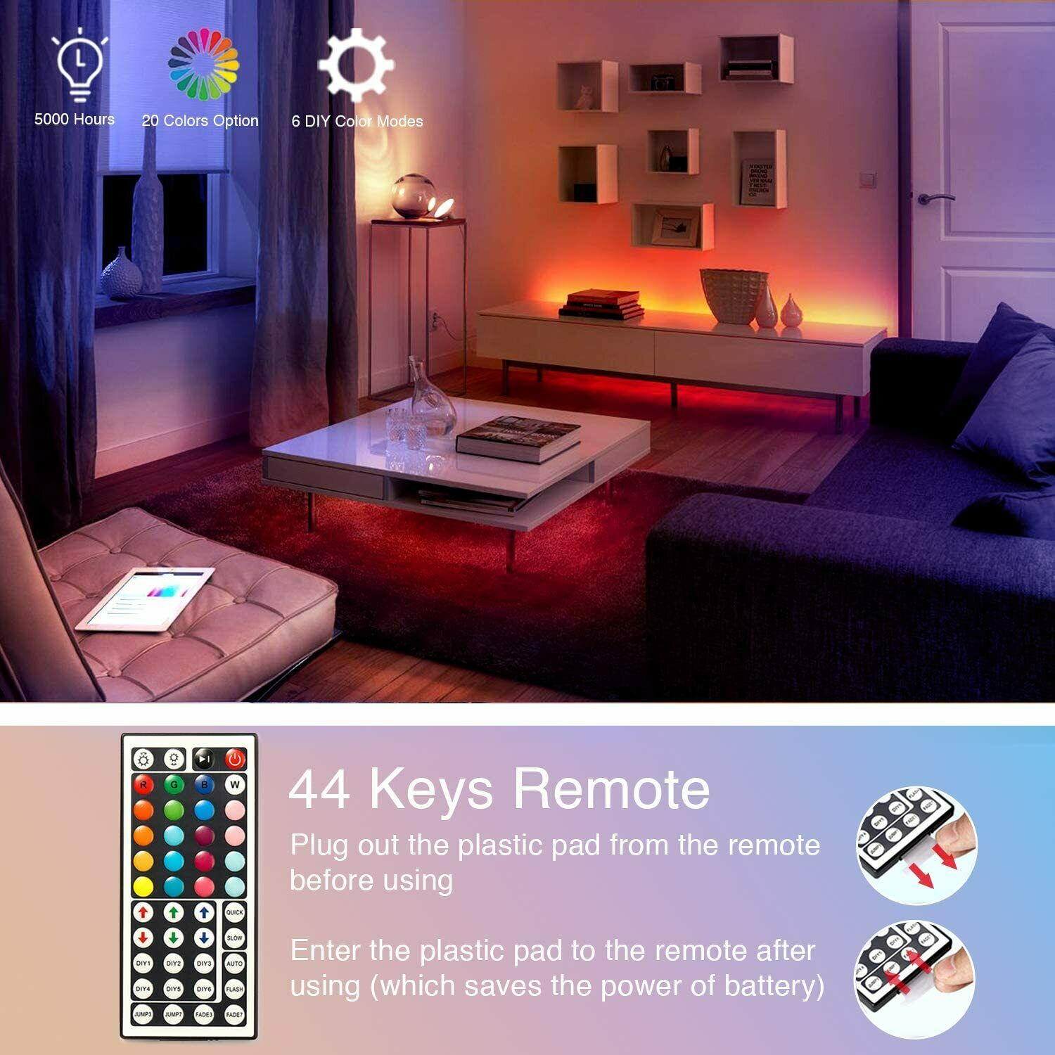 5M 16.4 ft LED Strip Light SMD 5050 RGB 44 Key Remote Controller Power Full set