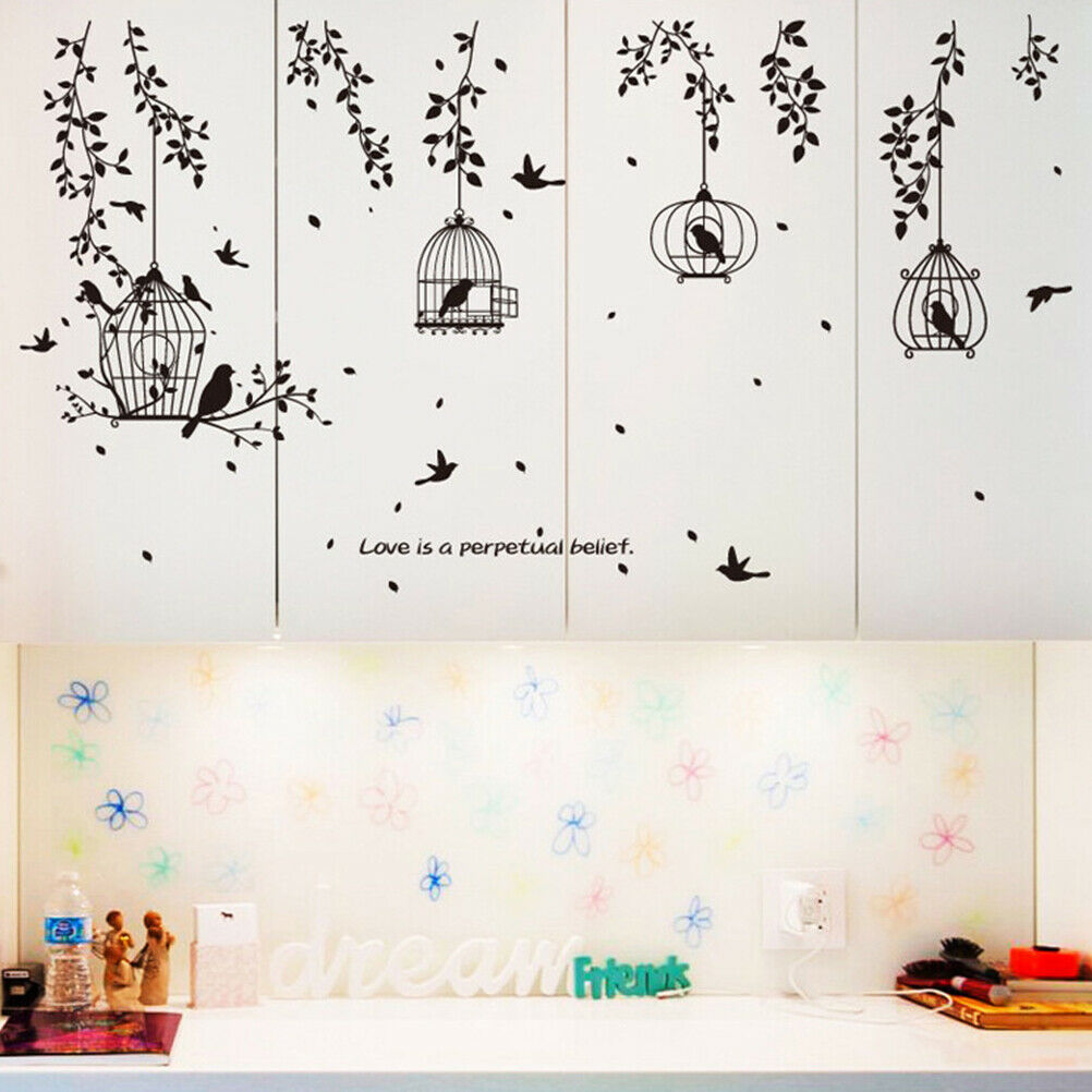 Black Bird Cage and Leaves Silhouette Patterns Wall Stickers TV wall stic.l8