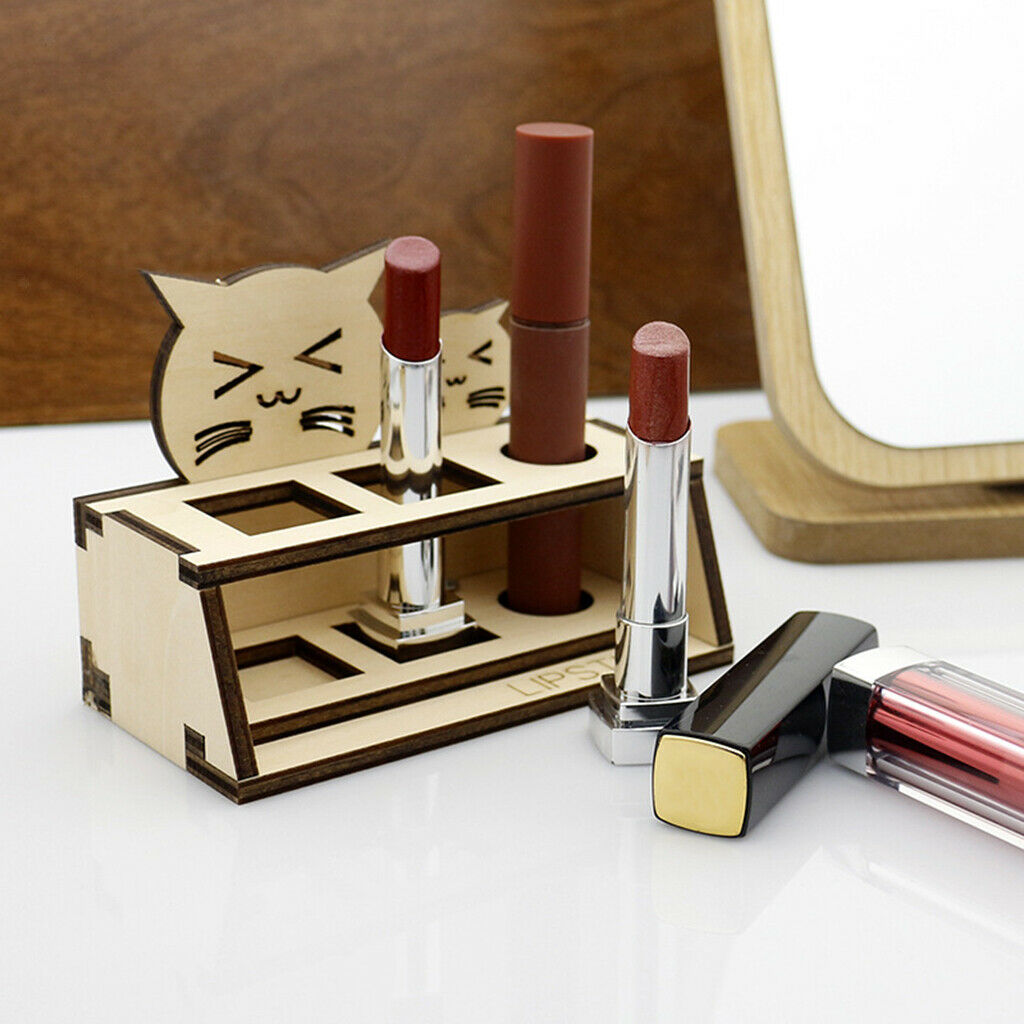 Natural Wood Lipstick Display Stand Cute Cat Lip Balm Gloss Cosmetic Storage Box