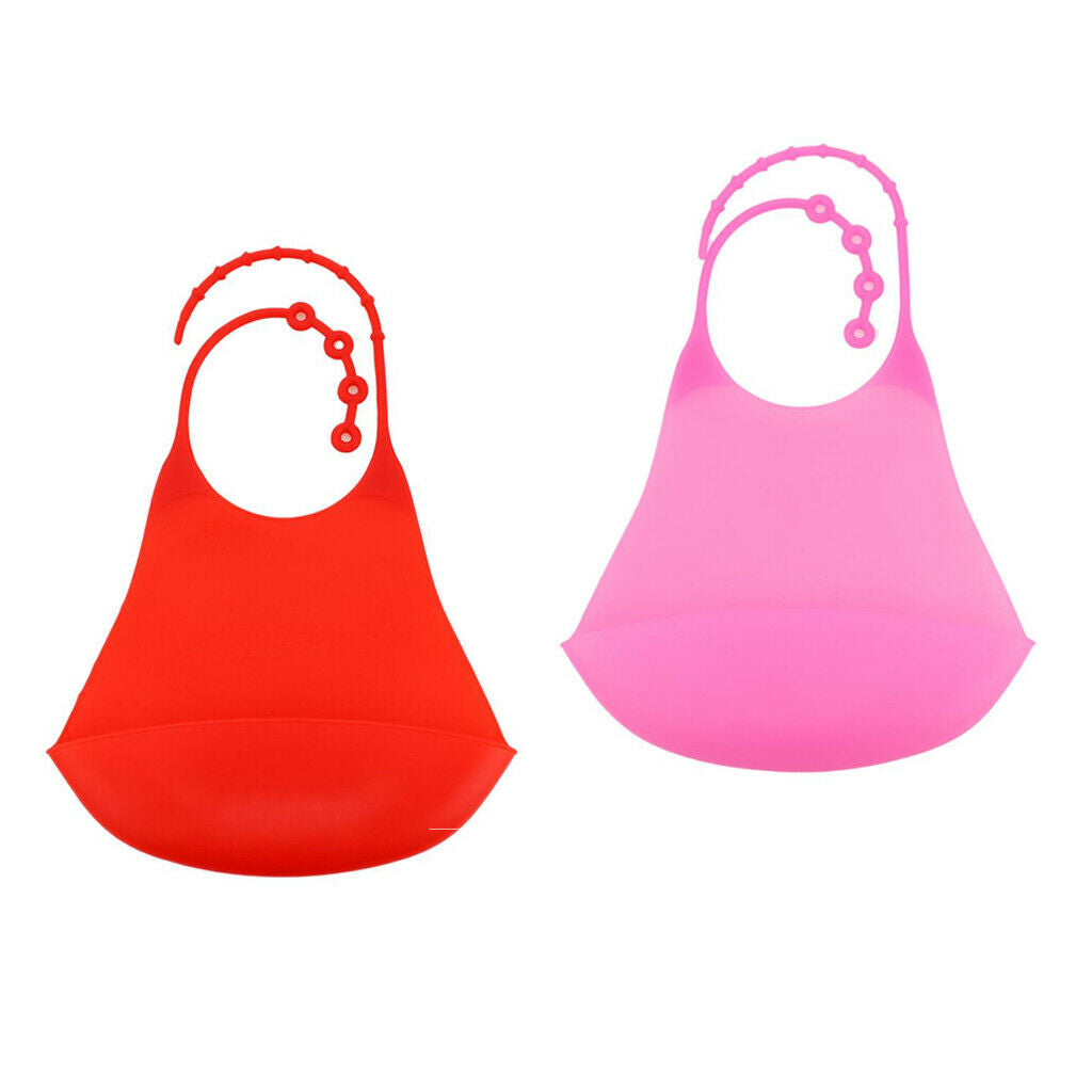 2 Pieces Adults Silicone Bib Clothing Protector w/Crumb Catcher Pink+Red
