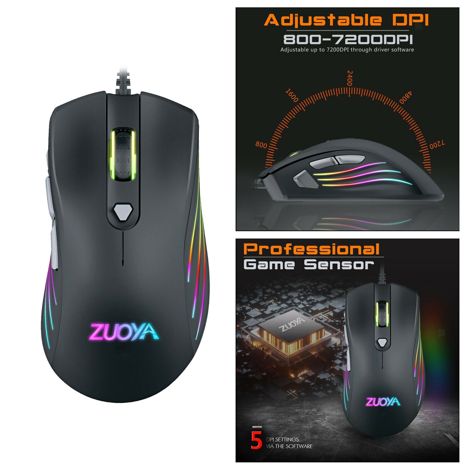 USB Gaming Mouse Comfortable 7200 DPI Ergonomic Game Mice Pro Gamer Black