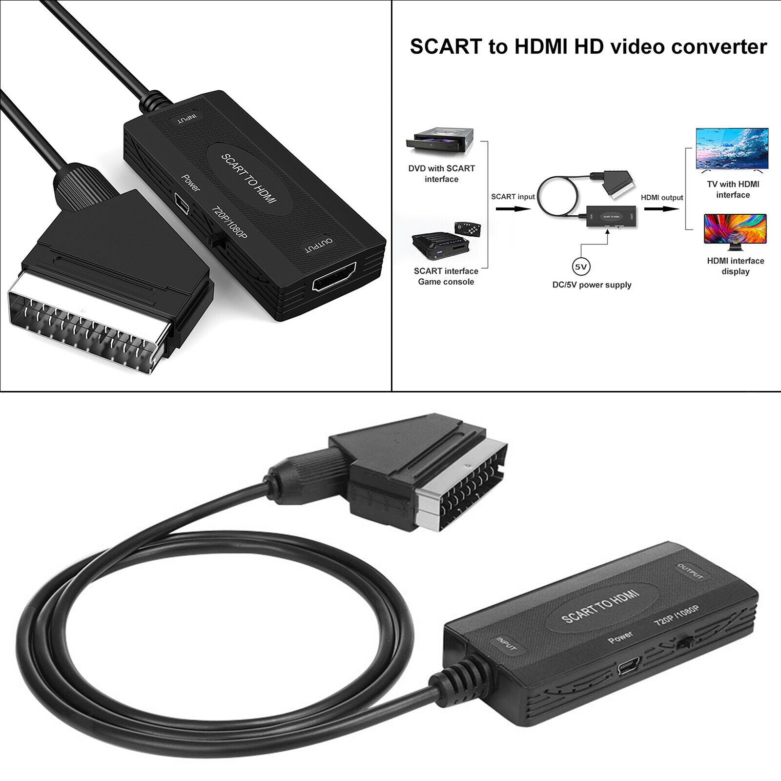Mini Universal Scart to HDMI Converter Video Adapter Audio Output for HD TV