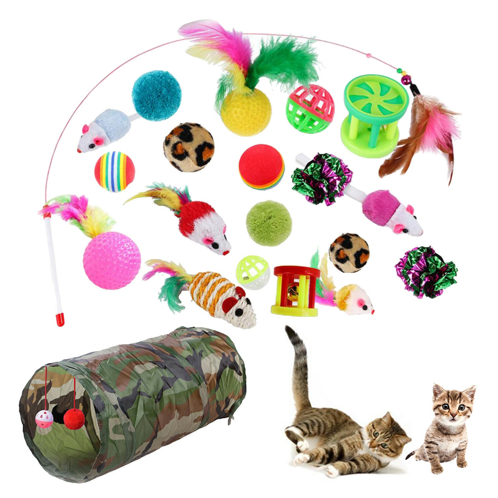 21Pcs Indoor Cat Toys Balls Bells Collapsible Tunnel Wand Stick Teaser