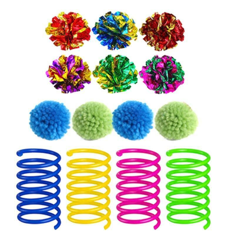 14Pcs Toys for Indoor Cat Twin-Color Mylar Paper Crinkle Balls Pom Poms Springs